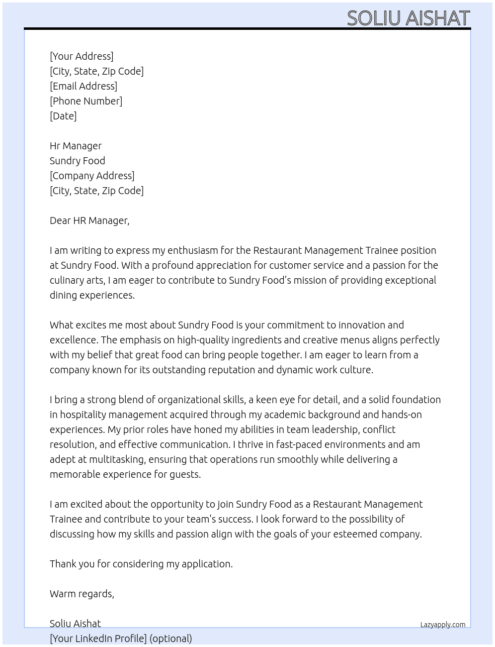 Restaurant management trainee  At Sundry food  Cover Letter