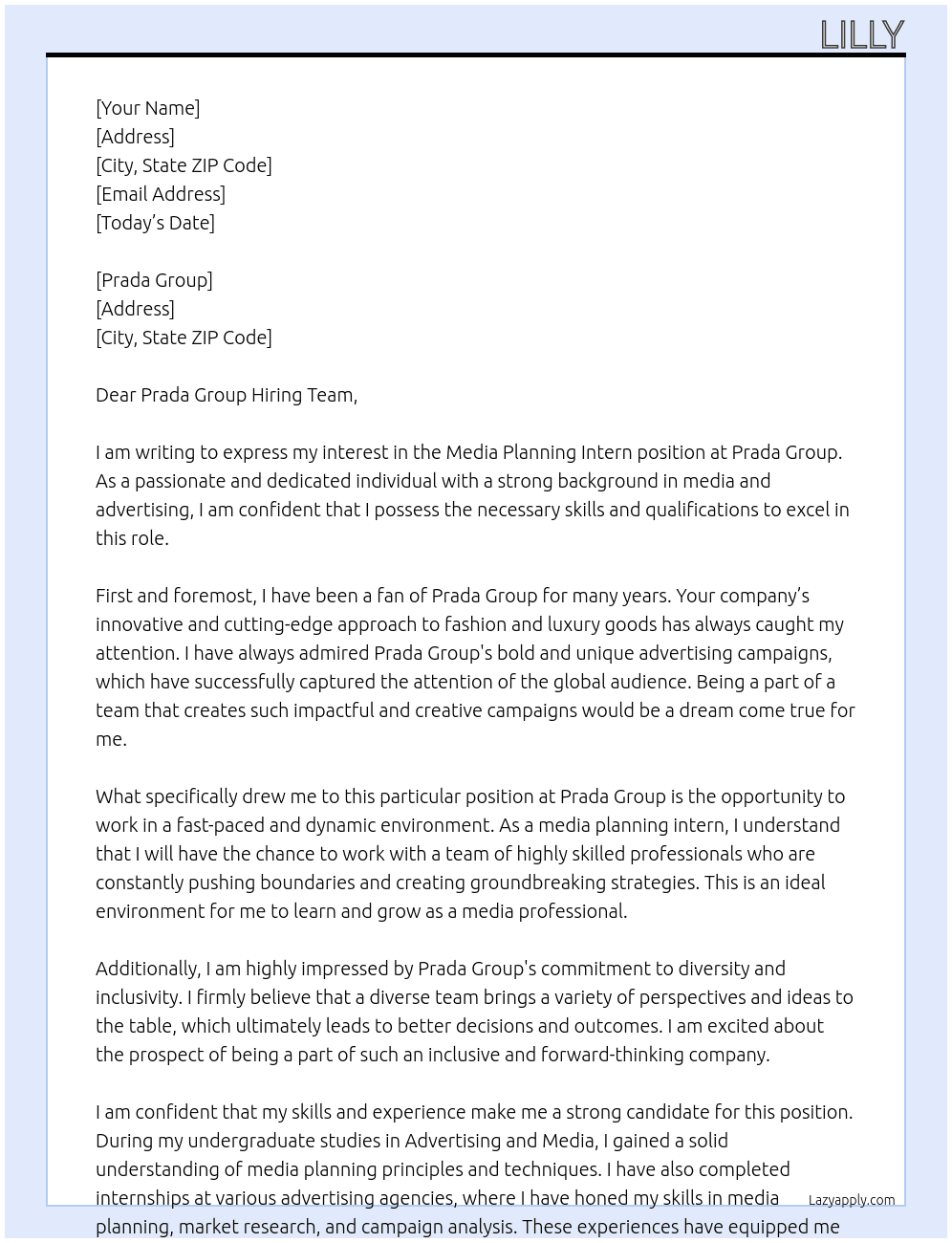 Media Planning Intern At Prada Group Cover Letter