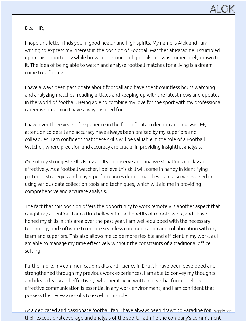 Football watcher  At Paradine Cover Letter