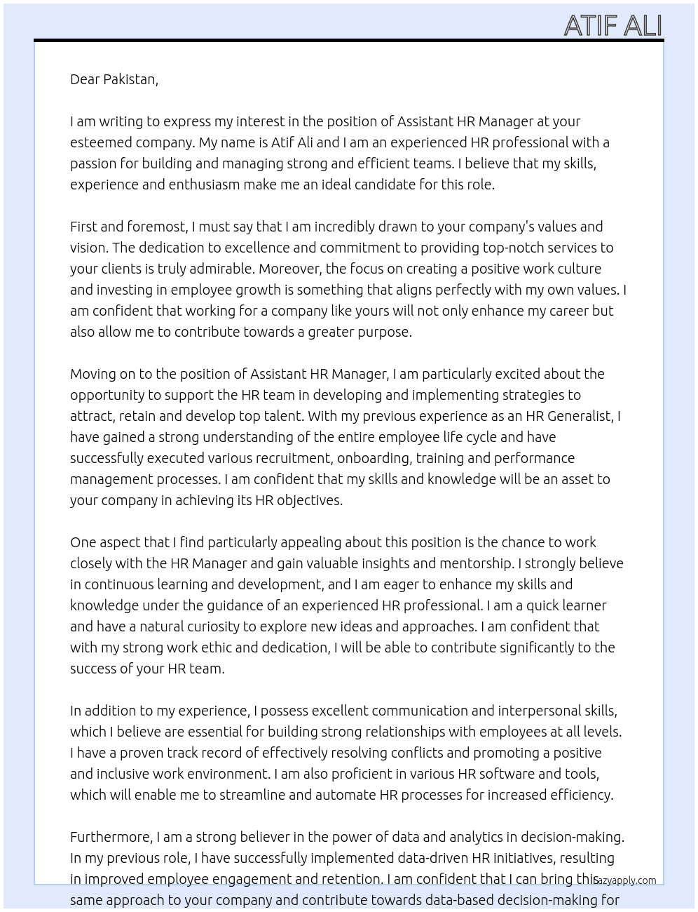 ASSISTANT HR MANAGER At Pakistan Cover Letter