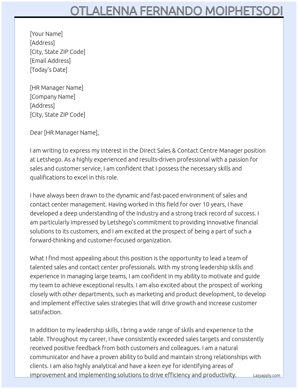 direct sales & contact centre manager At Letshego Cover Letter