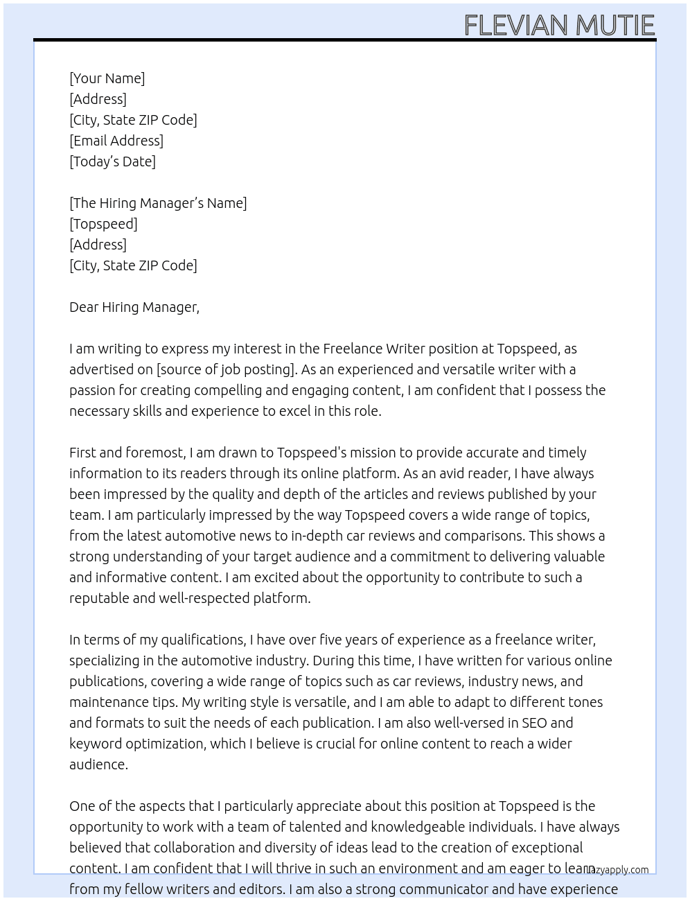 Freelance Writer At Topspeed Cover Letter