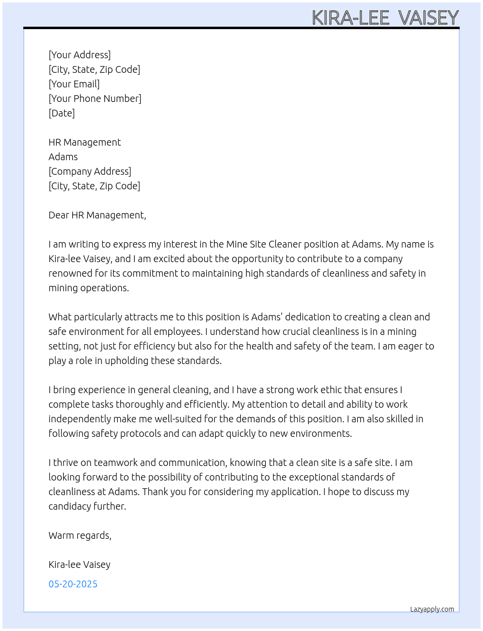 Mine site cleaner At Adams Cover Letter
