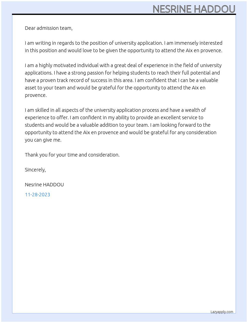 university application  At Aix en provence  Cover Letter