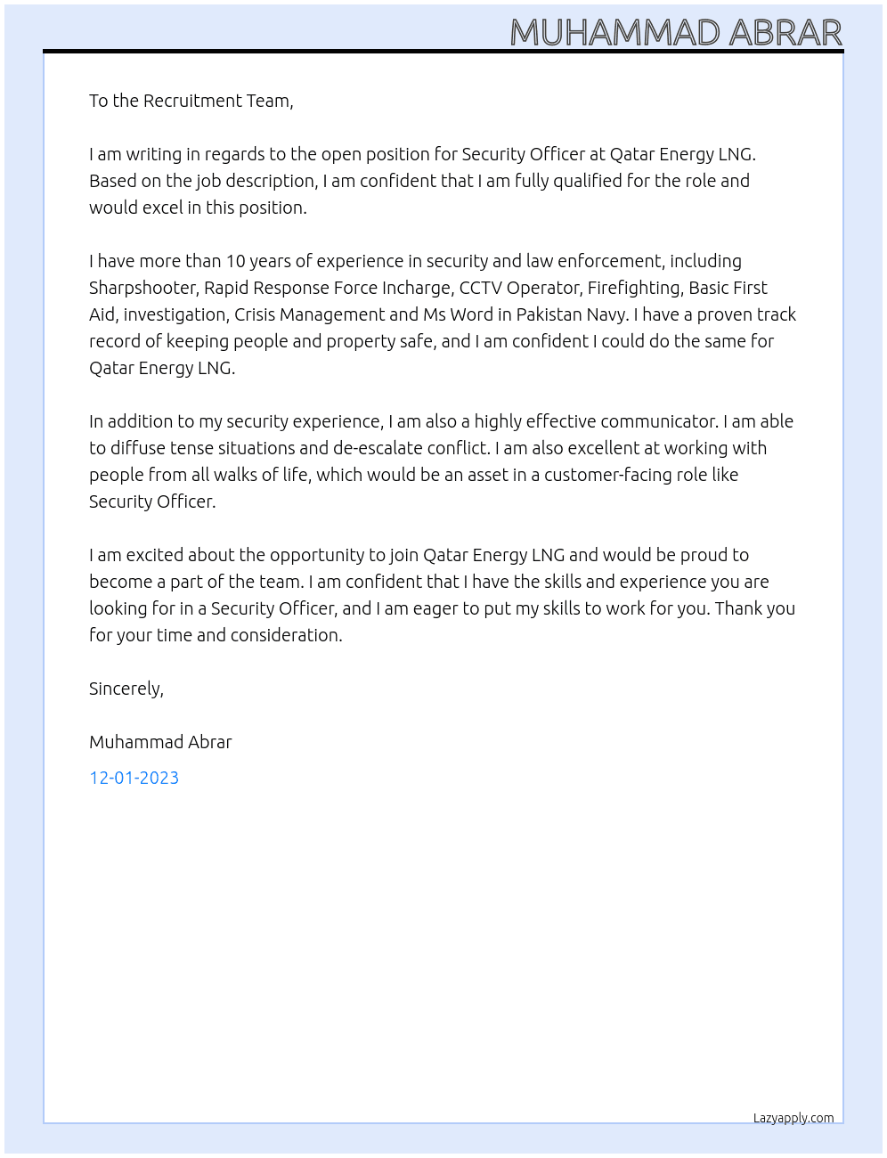 Security Officer At Qatar Energy LNG Cover Letter