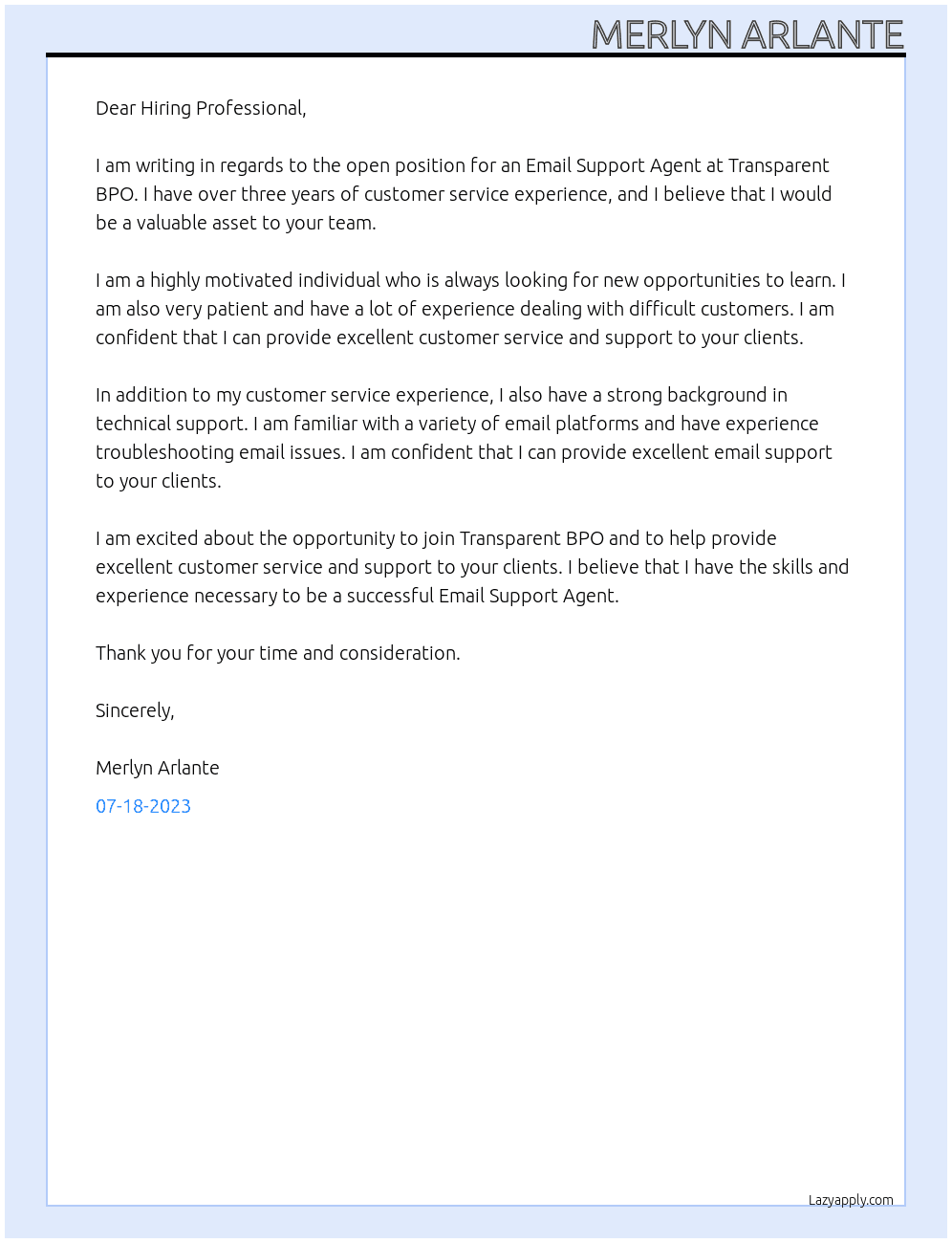 Email Support Agent At Transparent BPO Cover Letter