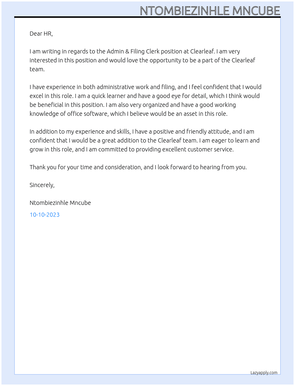 Admin & Filing Clerk At Clearleaf Cover Letter