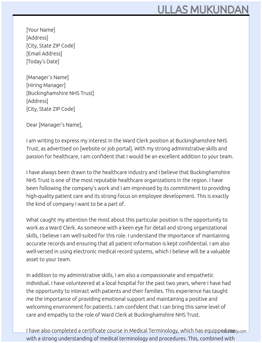 Ward clerk At Buckinghamshire NHS Trust Cover Letter