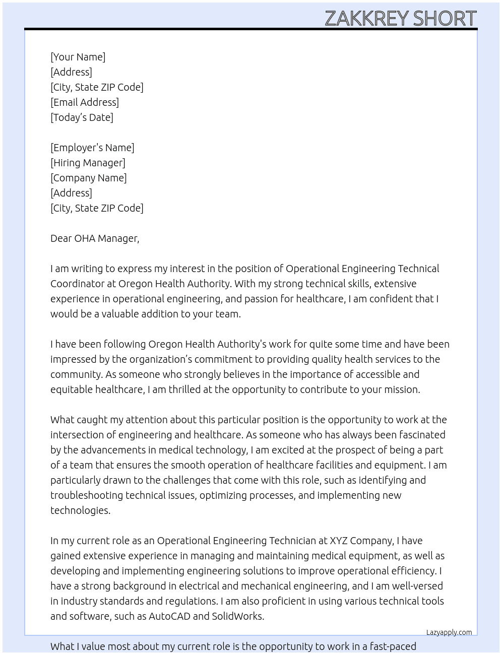Operational Engineering Technical Coordinator At Oregon Health Authority Cover Letter