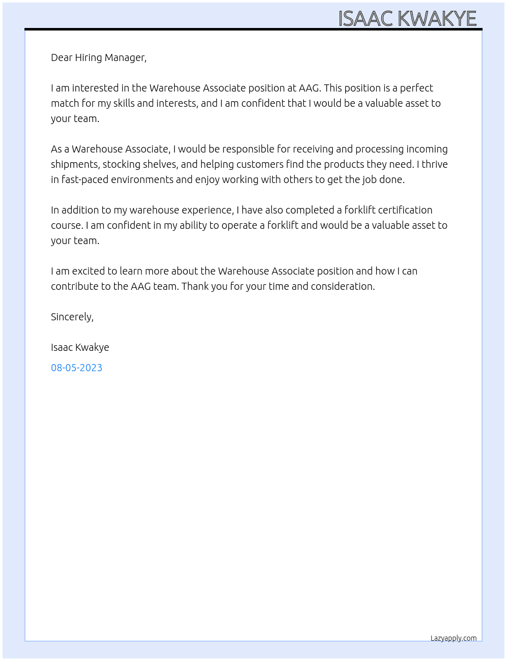 Warehouse Associate At AAG Cover Letter