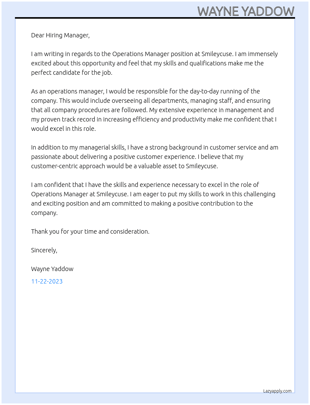 Operations Manager At Smileycuse Cover Letter