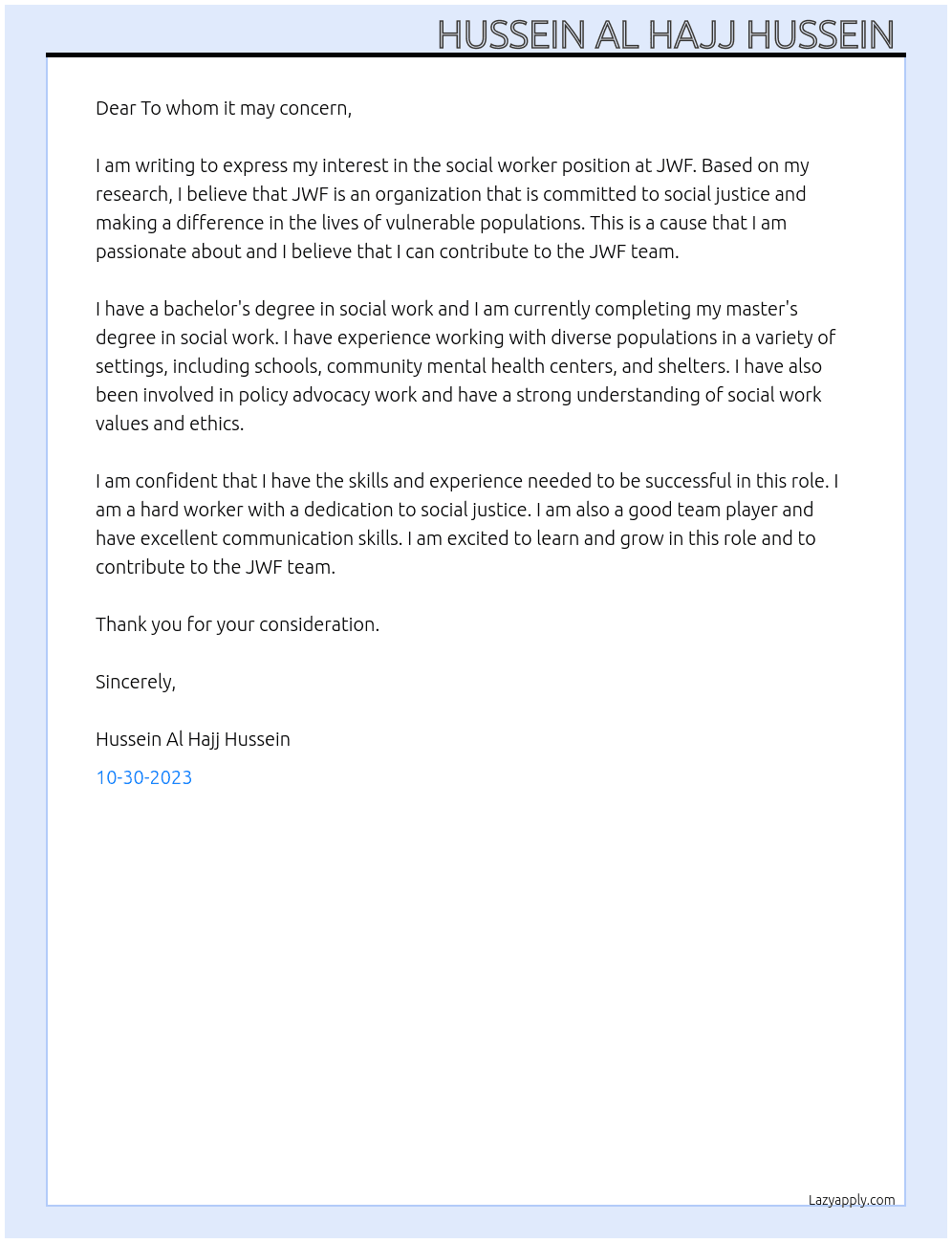 Social worker At JWF Cover Letter