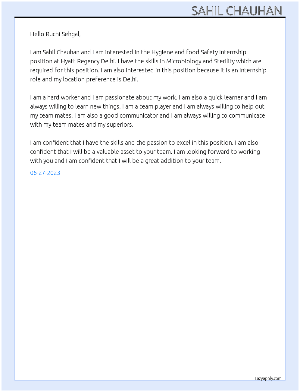 Hygiene and food Safety Internship  At Hyatt Regency Delhi Cover Letter