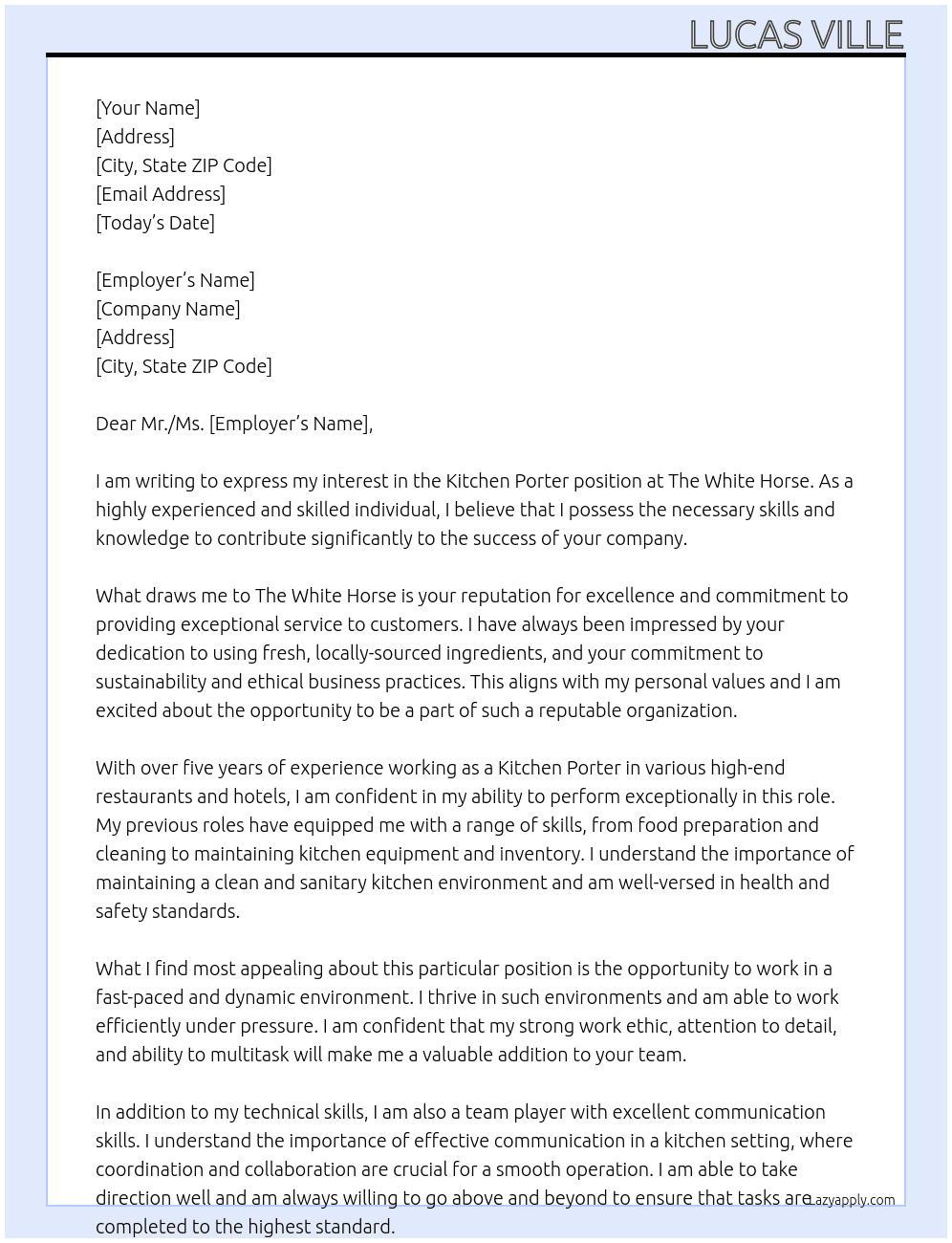 Kitchen porter At The white horse  Cover Letter
