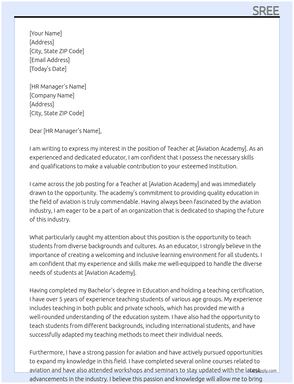 teacher At aviation academy Cover Letter