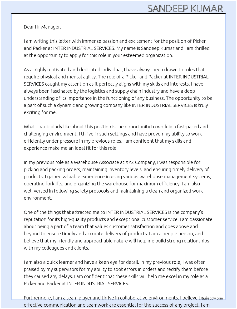 Picker and packers  At INTER INDUSTRIAL SERVICES Cover Letter