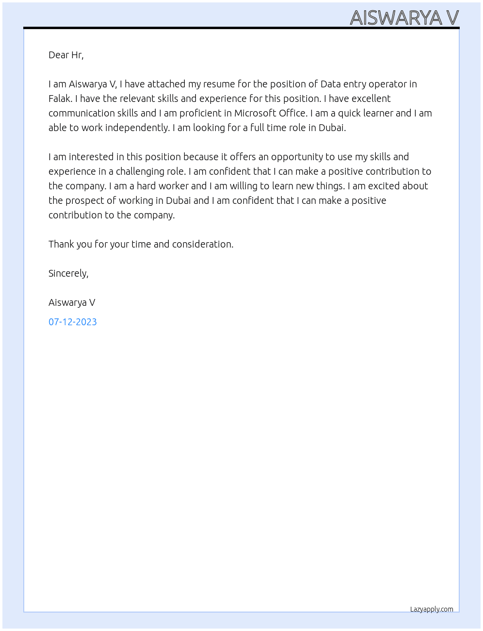 Data entry operator At Falak Cover Letter