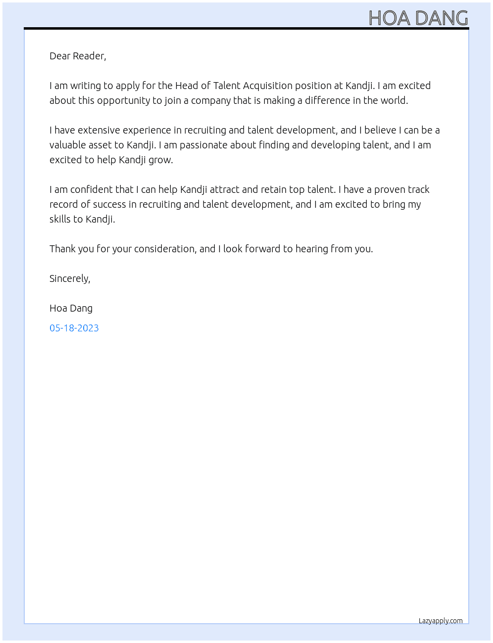 Head of Talent Acquisition At Kandji Cover Letter