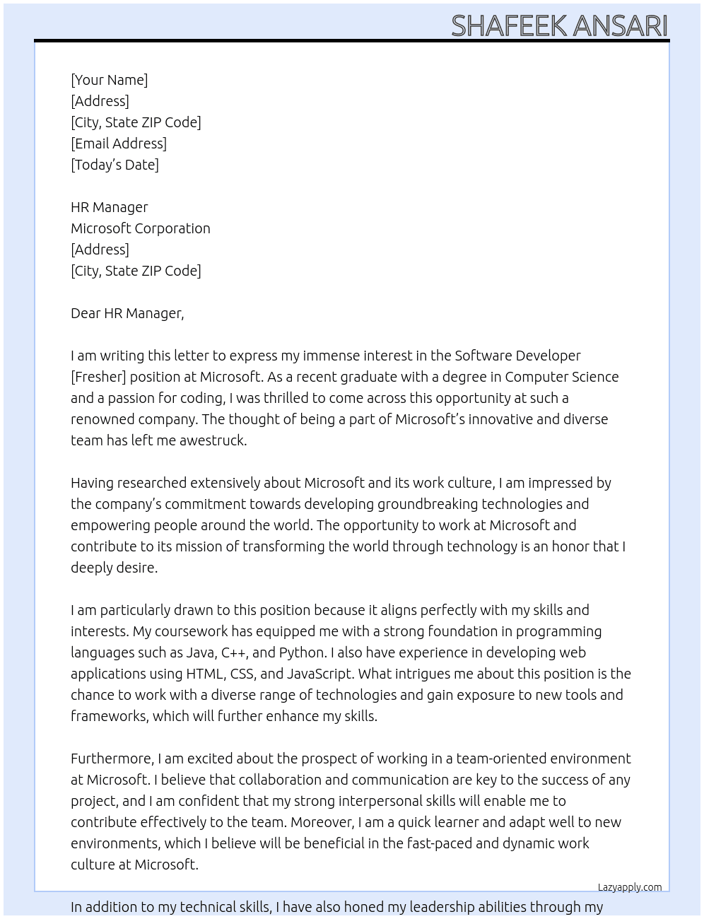 software developer [fresher] At microsoft Cover Letter