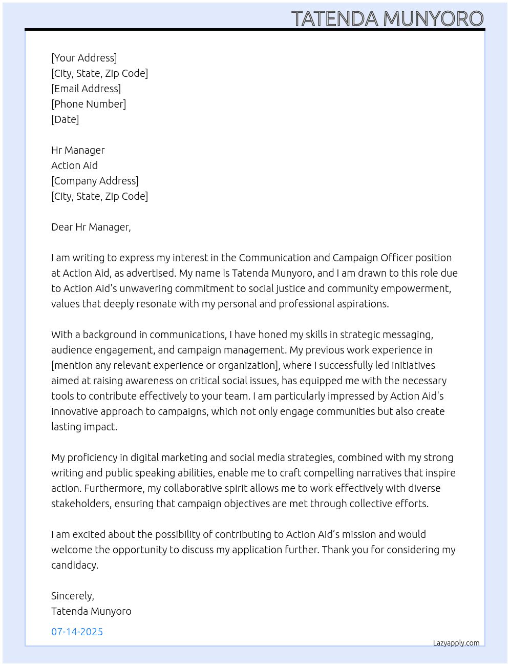 Communication and campaign officer At Action Aid Cover Letter