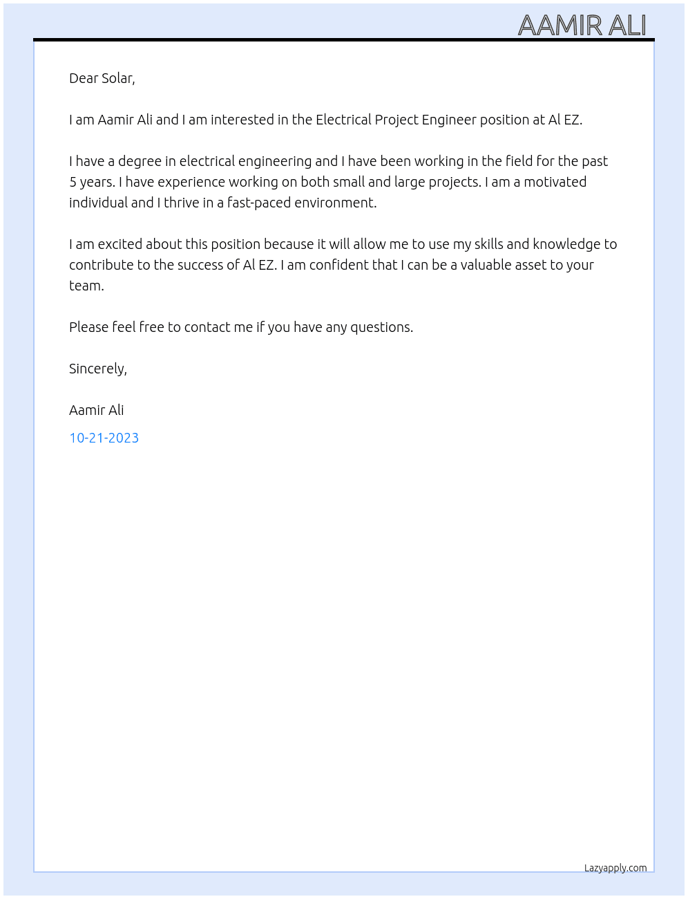 Electrical Project Engineer  At Al EZ Cover Letter