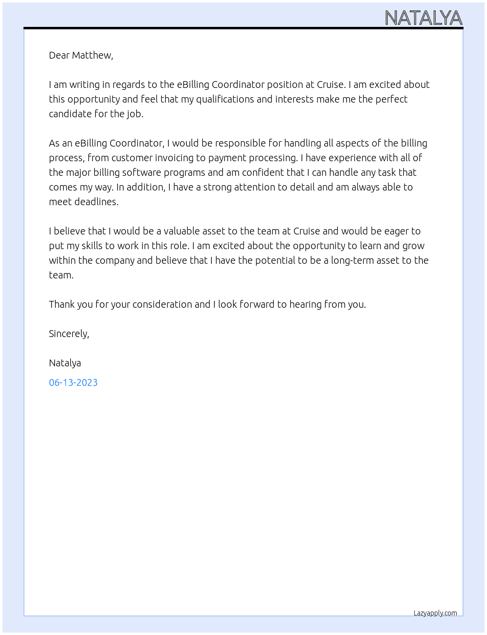 eBilling Coordinator At Cruise Cover Letter