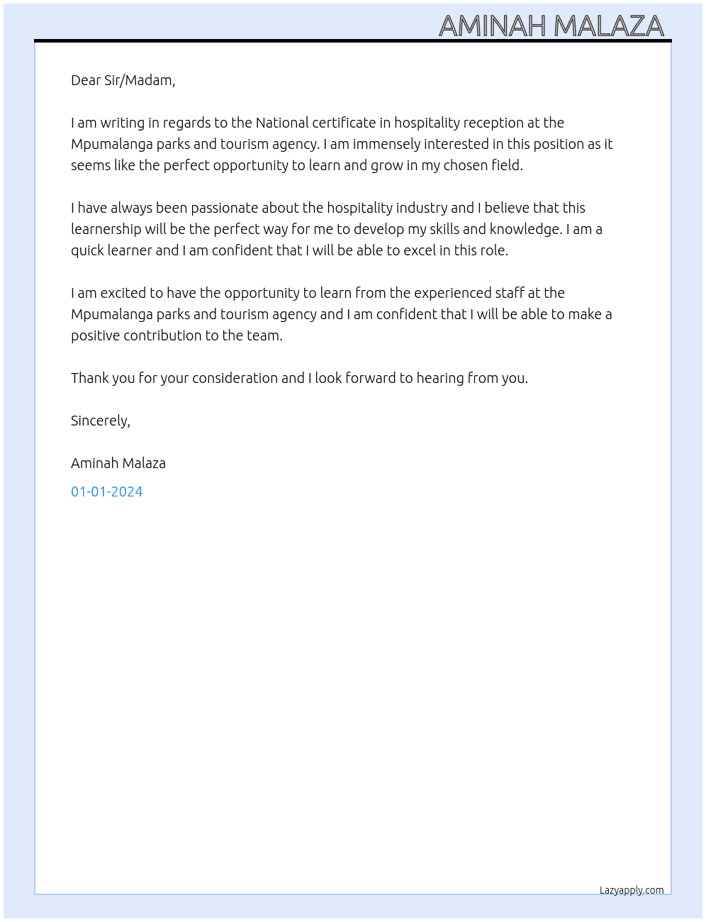 National certificate in hospitality reception  At Mpumalanga parks and tourism agency  Cover Letter