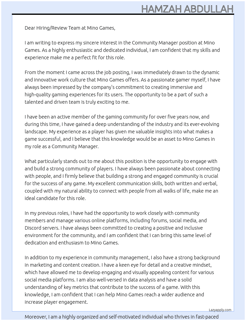 Community Manager  At Mino Games Cover Letter