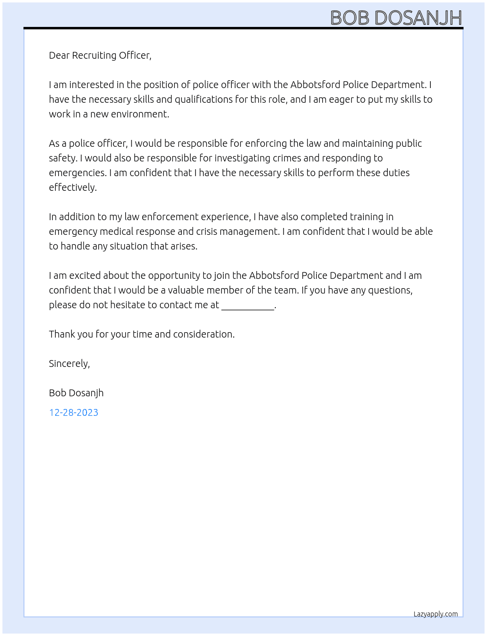 Police officer At Abbotsford police department Cover Letter