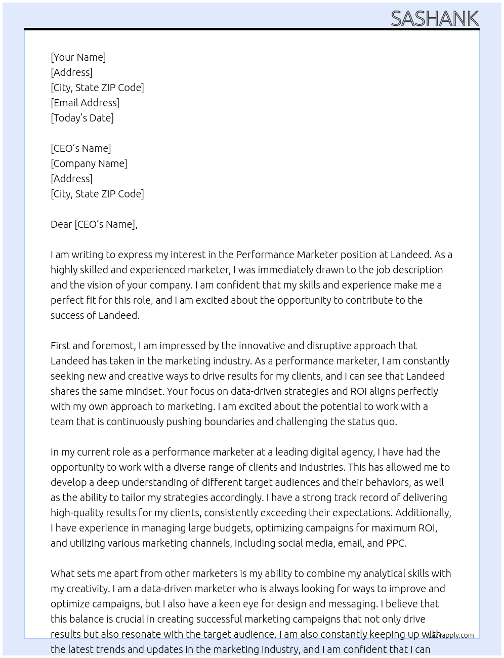 Cover letter for performance marketer - LazyApply