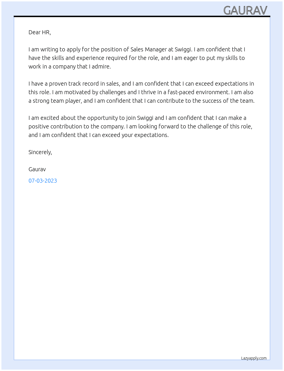 Sale manager  At Swiggi Cover Letter