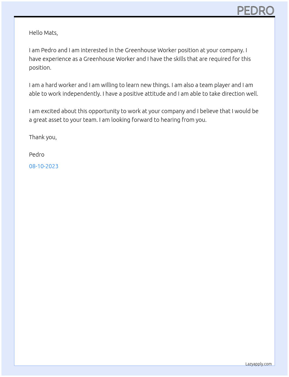 Greenhouse Worker At Mats Cover Letter