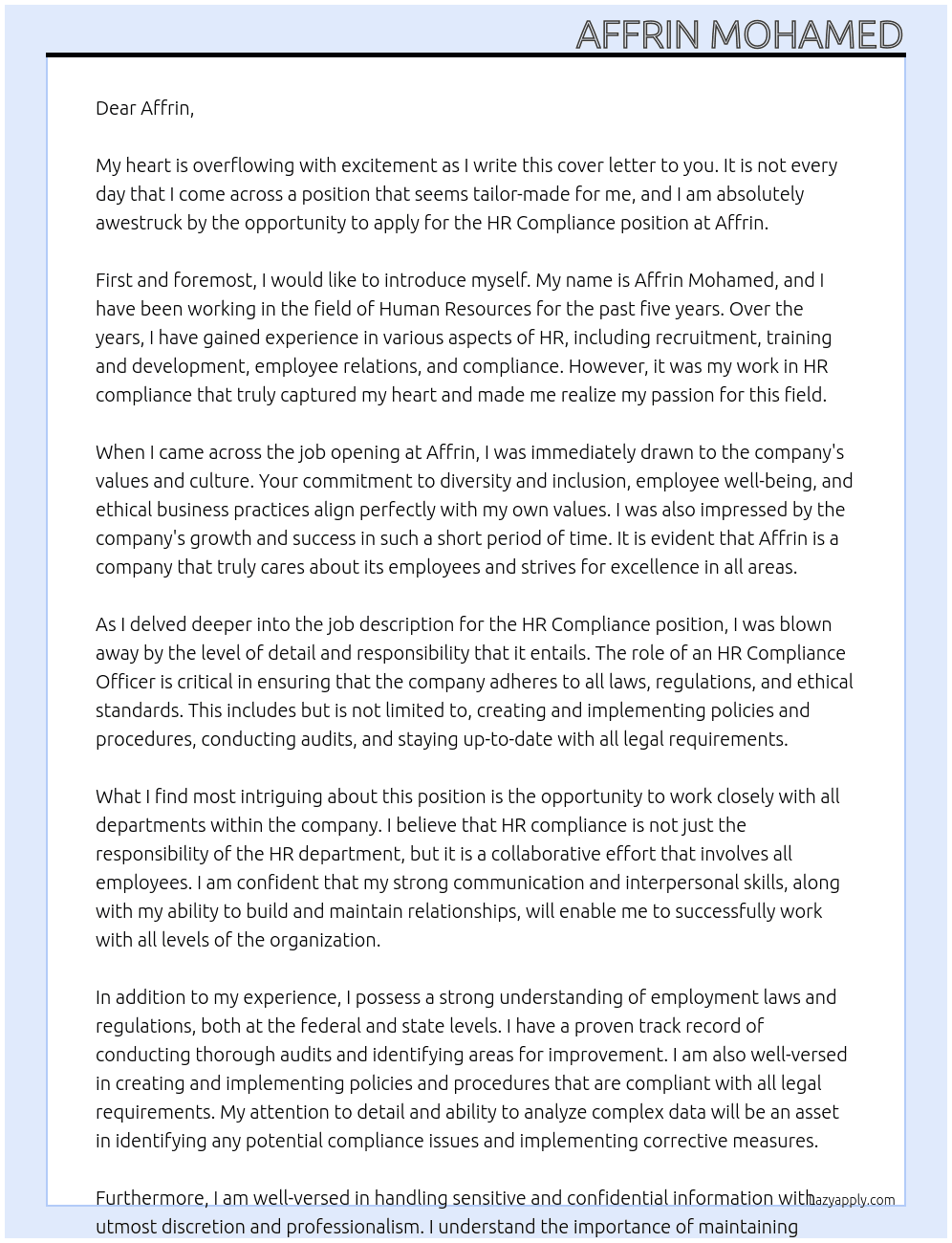 HR Compliance At Affrin Cover Letter