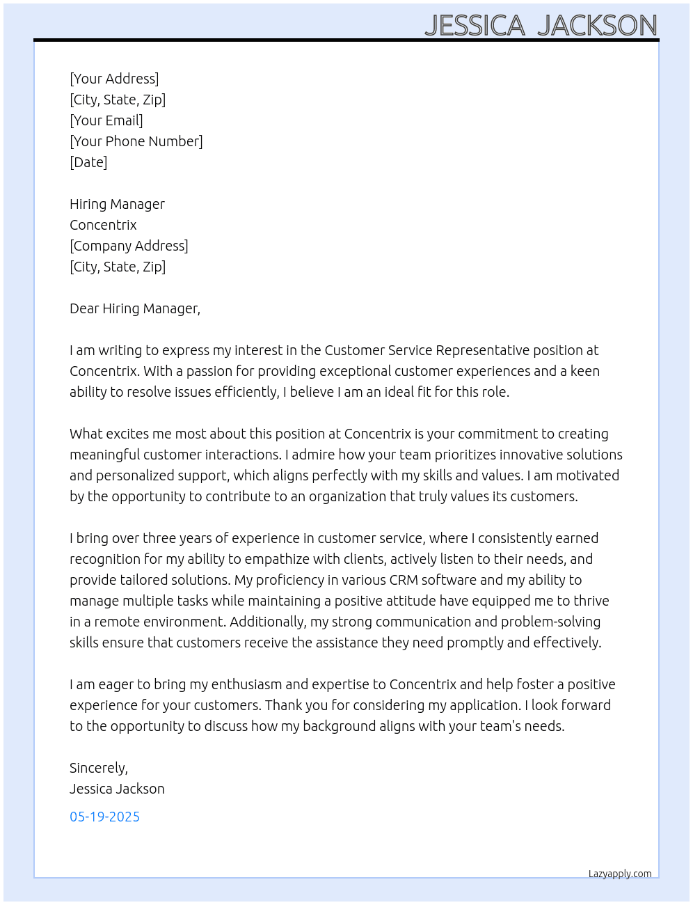 Cover letter for customer service representative-remote - LazyApply