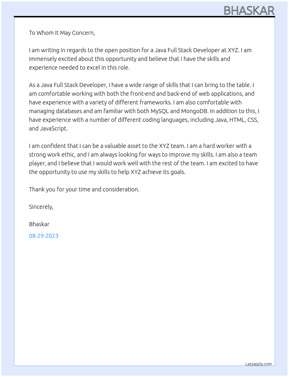 Java Full Stack Developer At XYZ Cover Letter