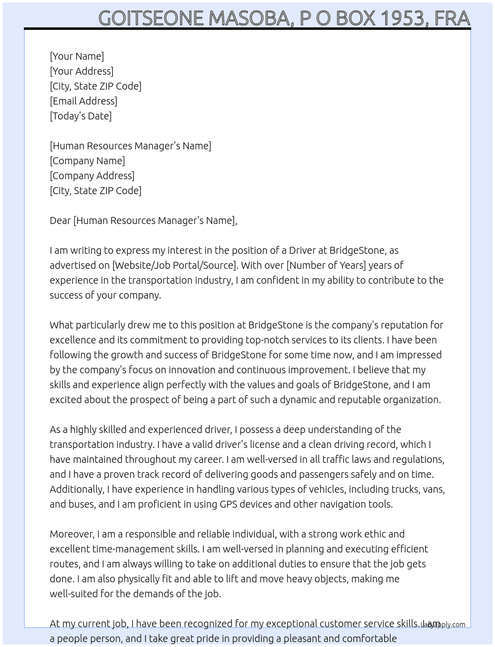 driver At BridgeStone Cover Letter