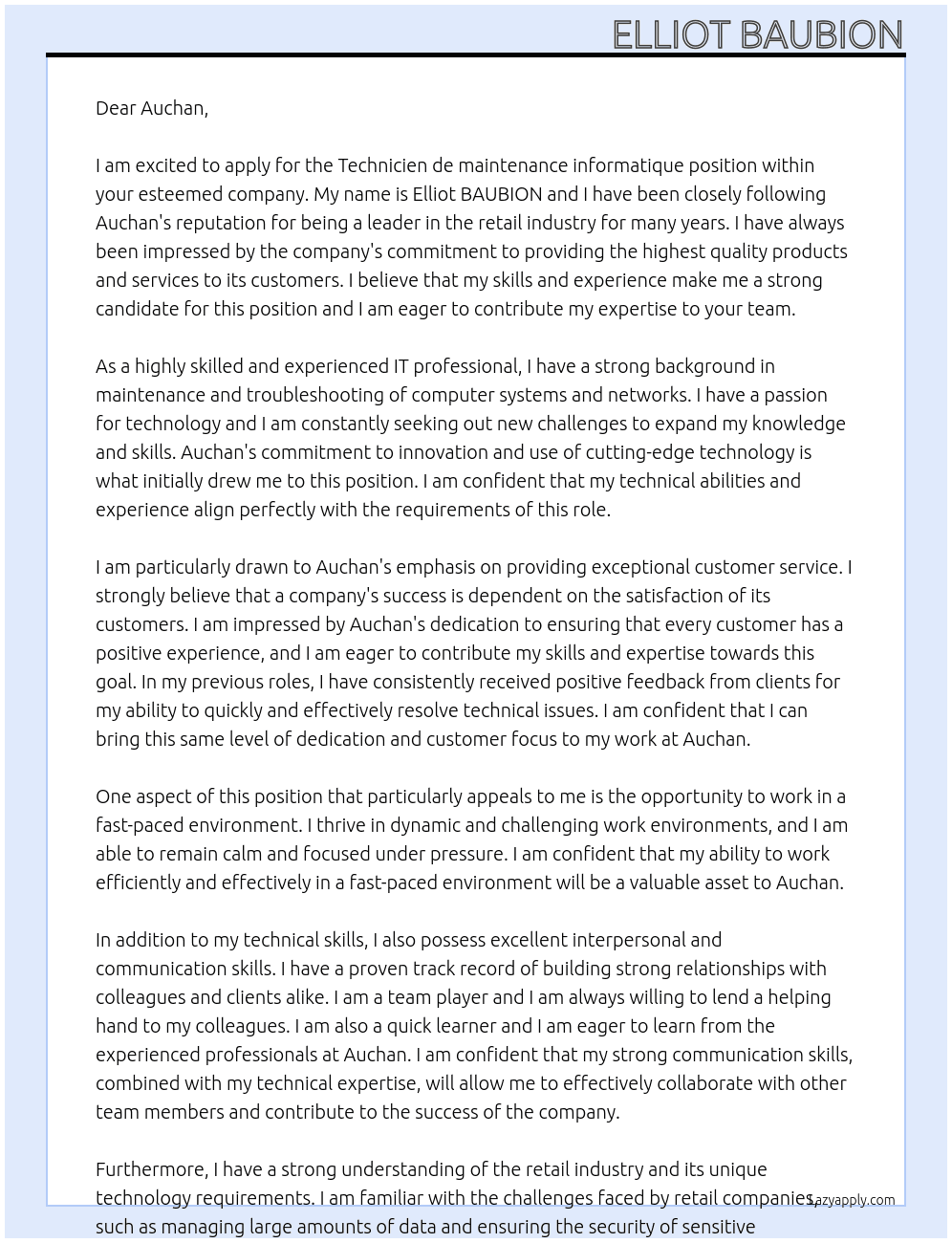 Technicien de maintenance informatique At Auchan Cover Letter