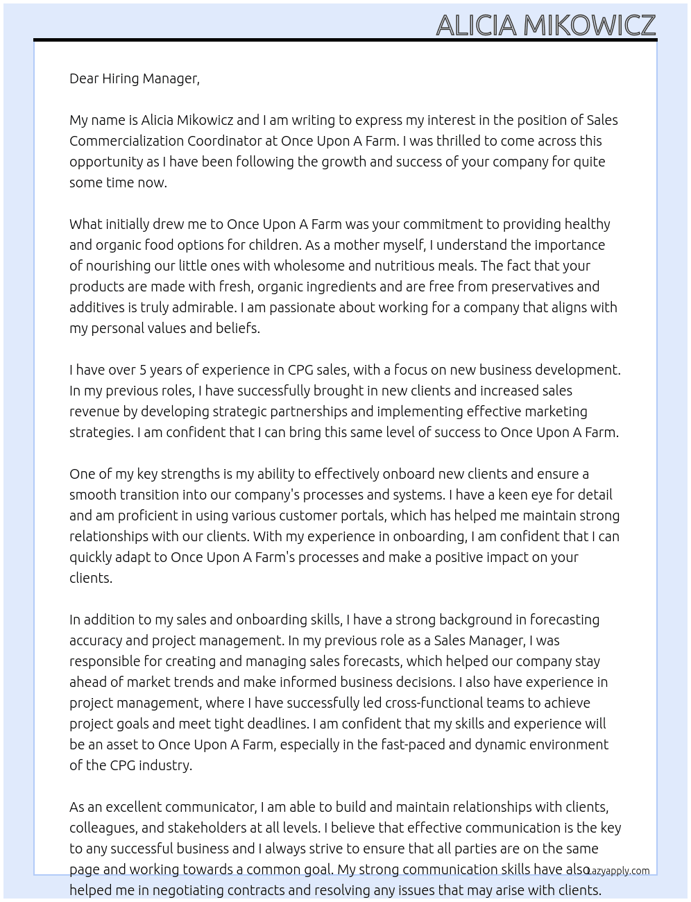 Sales Commercialization Coordinator At Once Upon A Farm Cover Letter