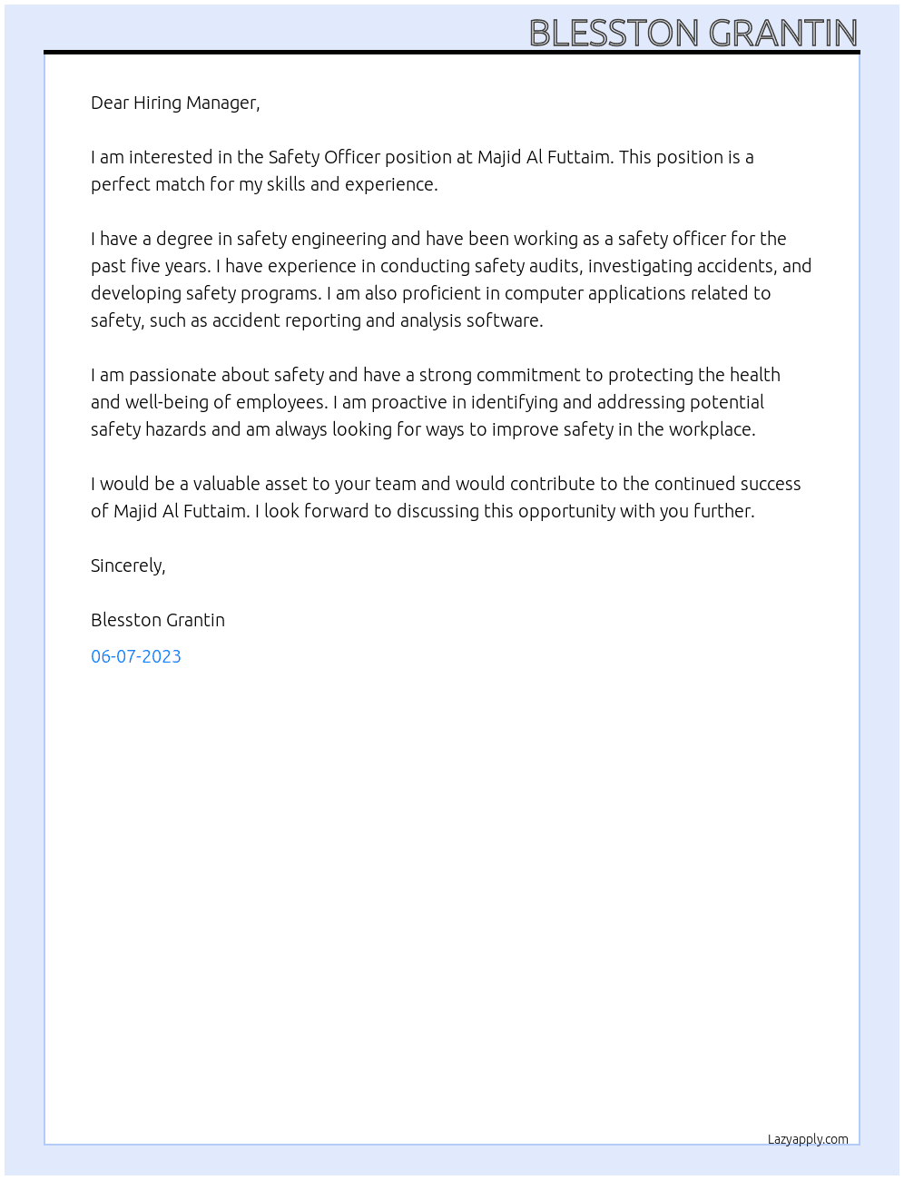 Safety officer At Majid Al Futtaim Cover Letter