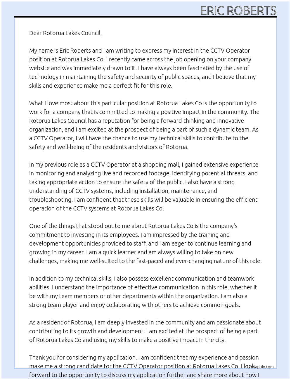 CCTV Operator At Rotorua Lakes Co Cover Letter