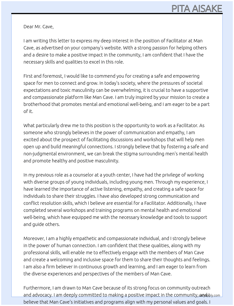 Facilitator At Man Cave Cover Letter