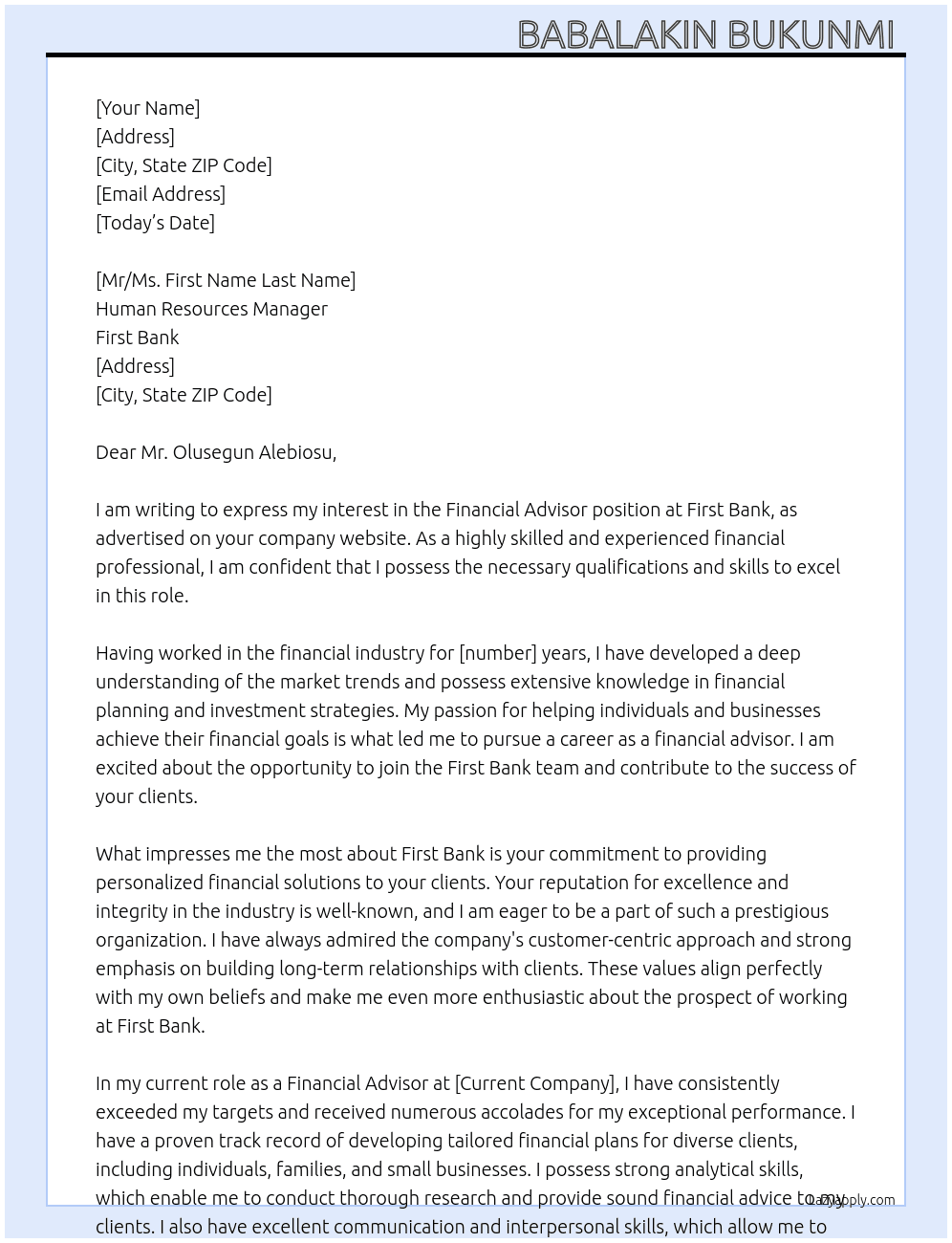 Financial advisor  At First Bank  Cover Letter