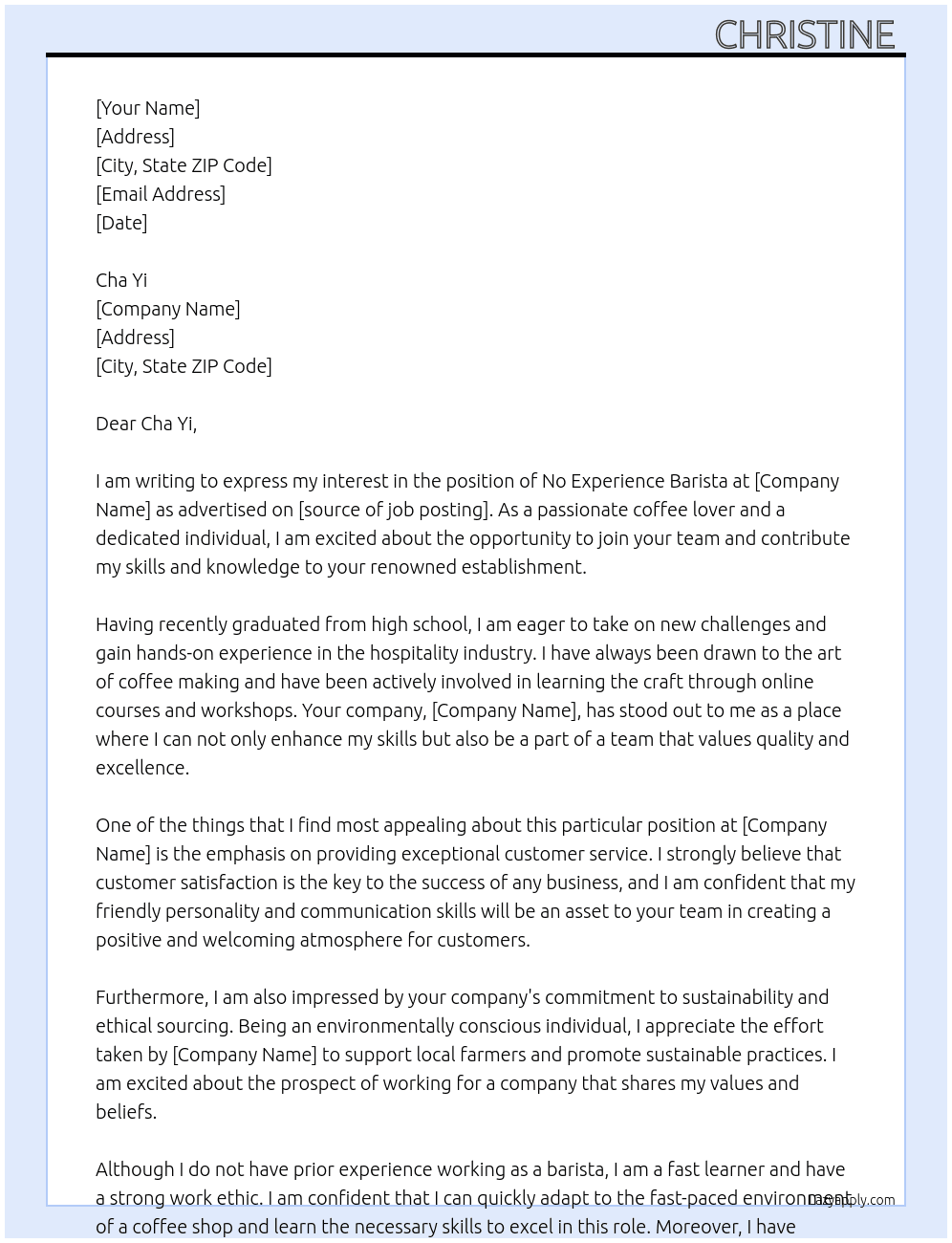 No Experience Barista At Cha Yi Cover Letter