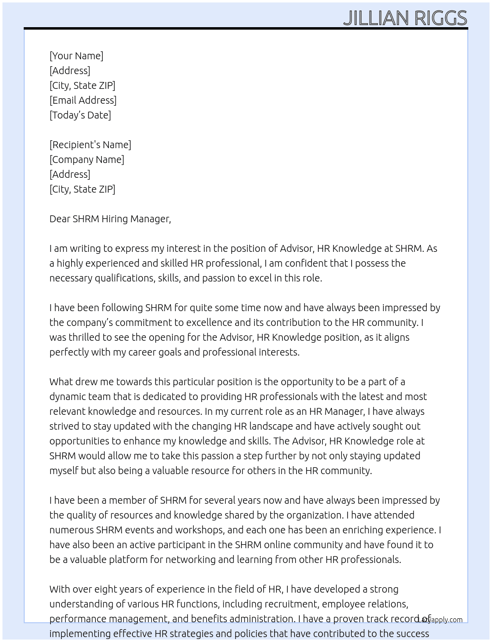 Advisor, HR Knowledge At SHRM Cover Letter