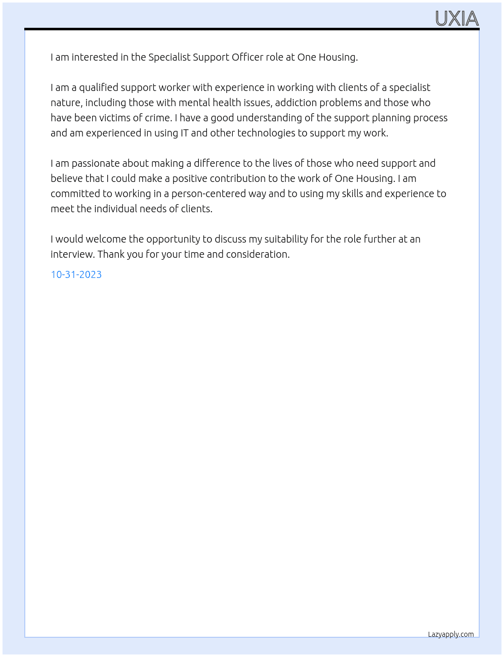 Specialist Support Officer  At One Housing Cover Letter