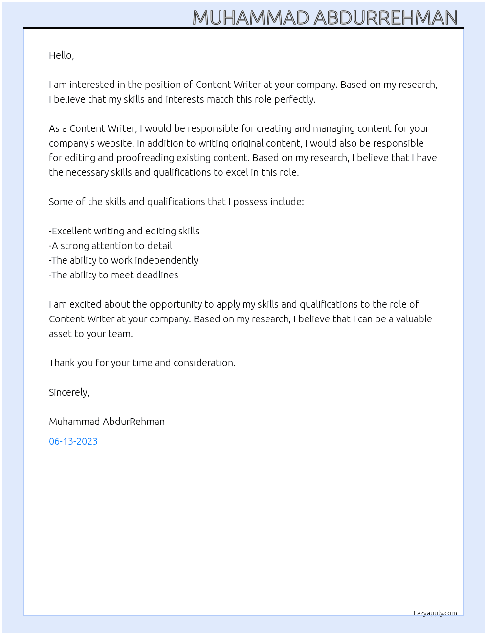 Content writer  At Content writer  Cover Letter