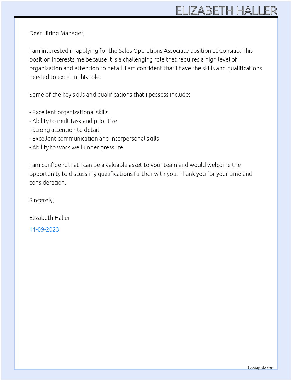 Sales Operations Associate At Consilio Cover Letter