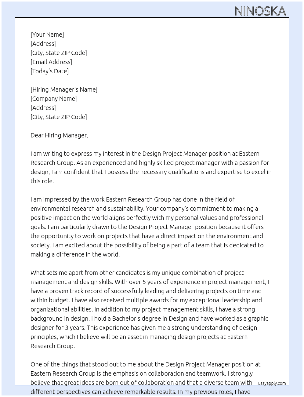 Design Project Manager At Eastern Research Group Cover Letter