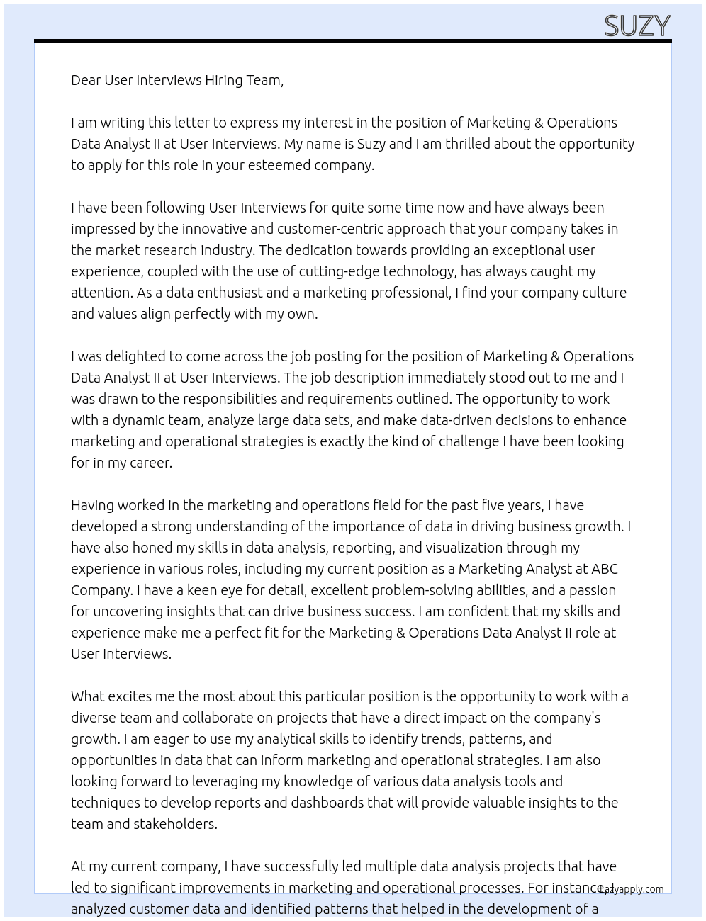 Marketing & Operations Data Analyst II At User Interviews Cover Letter