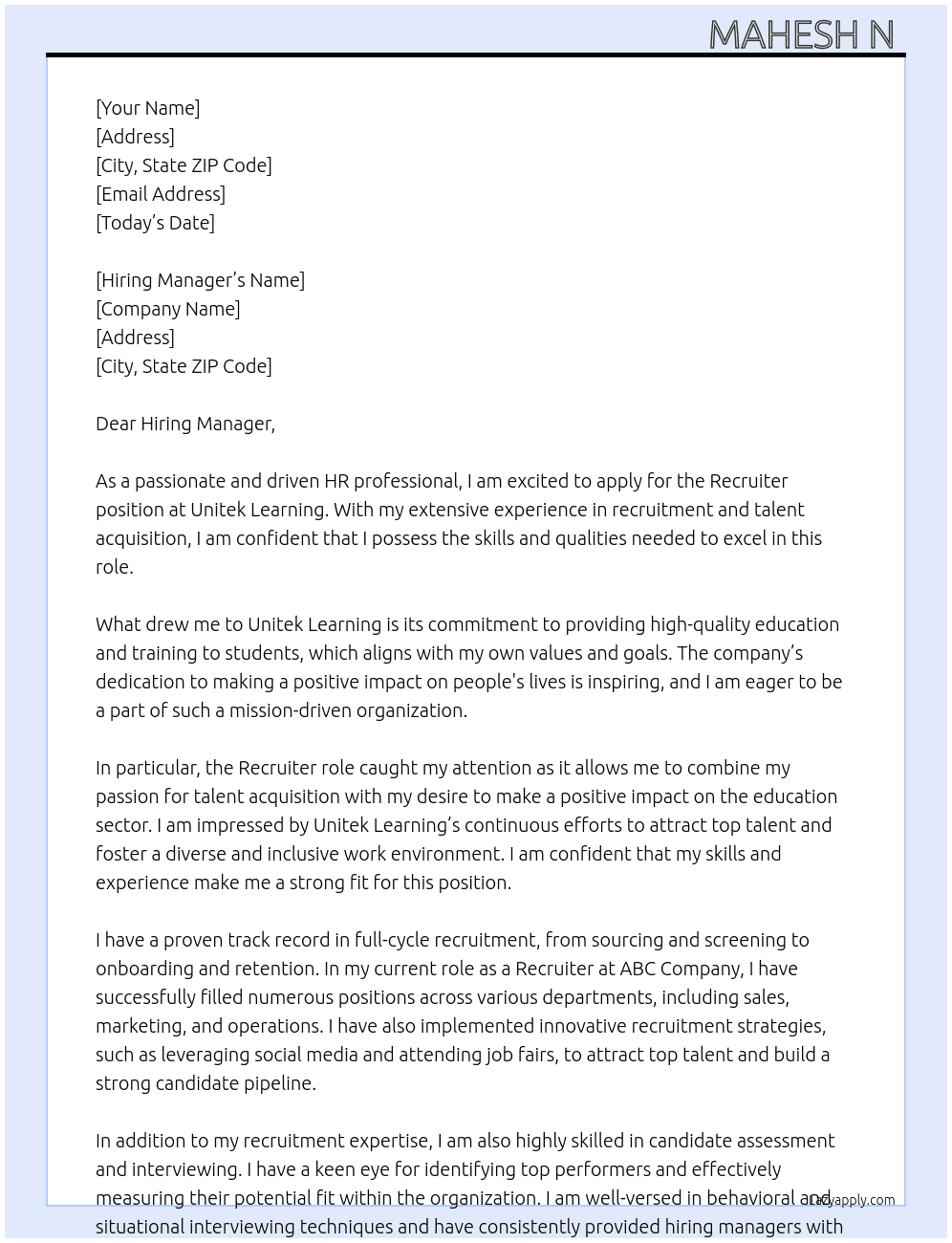 Recruiter At Unitek Learning Cover Letter